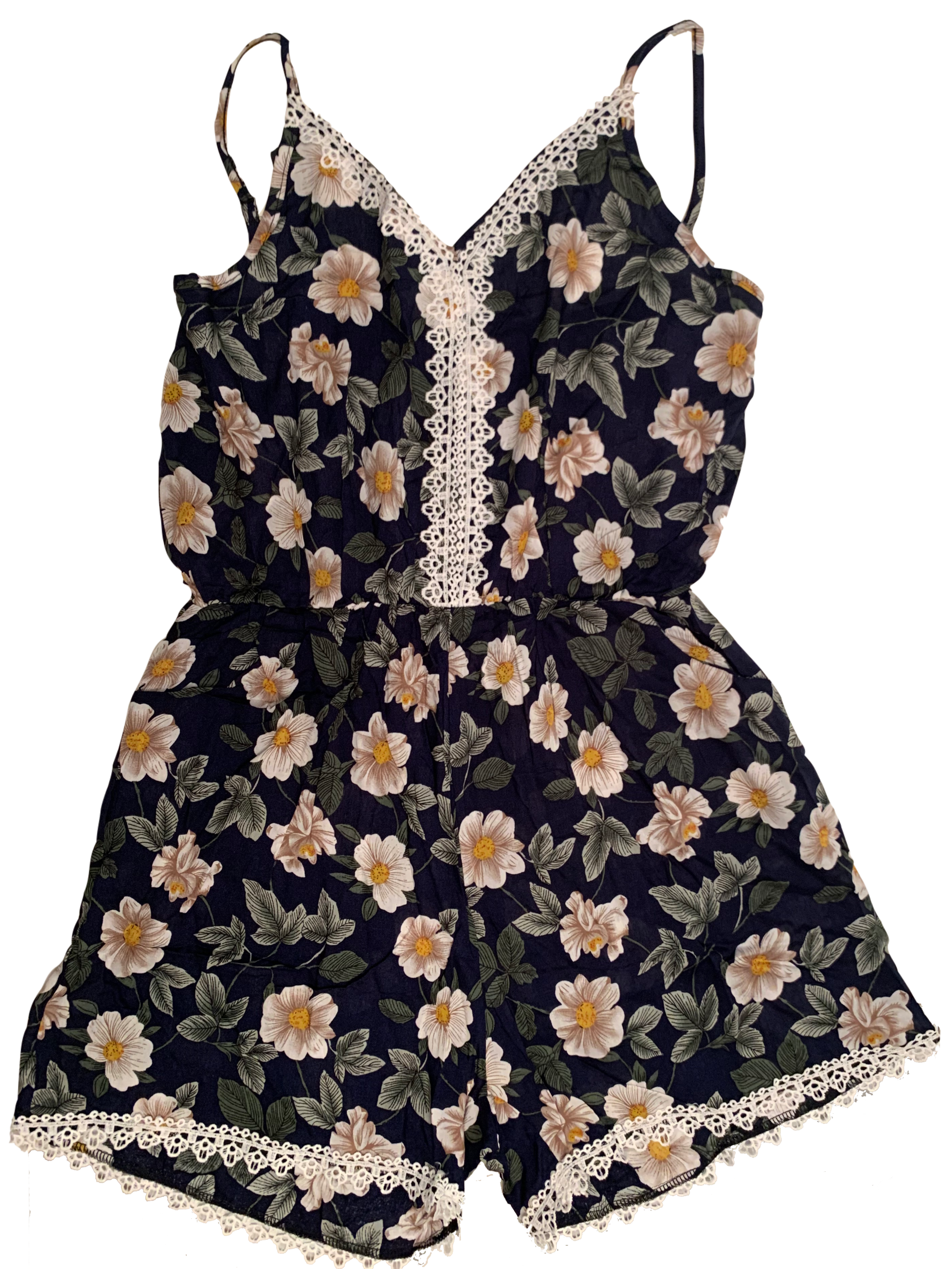 C-Mode Lace Trim Cami Romper